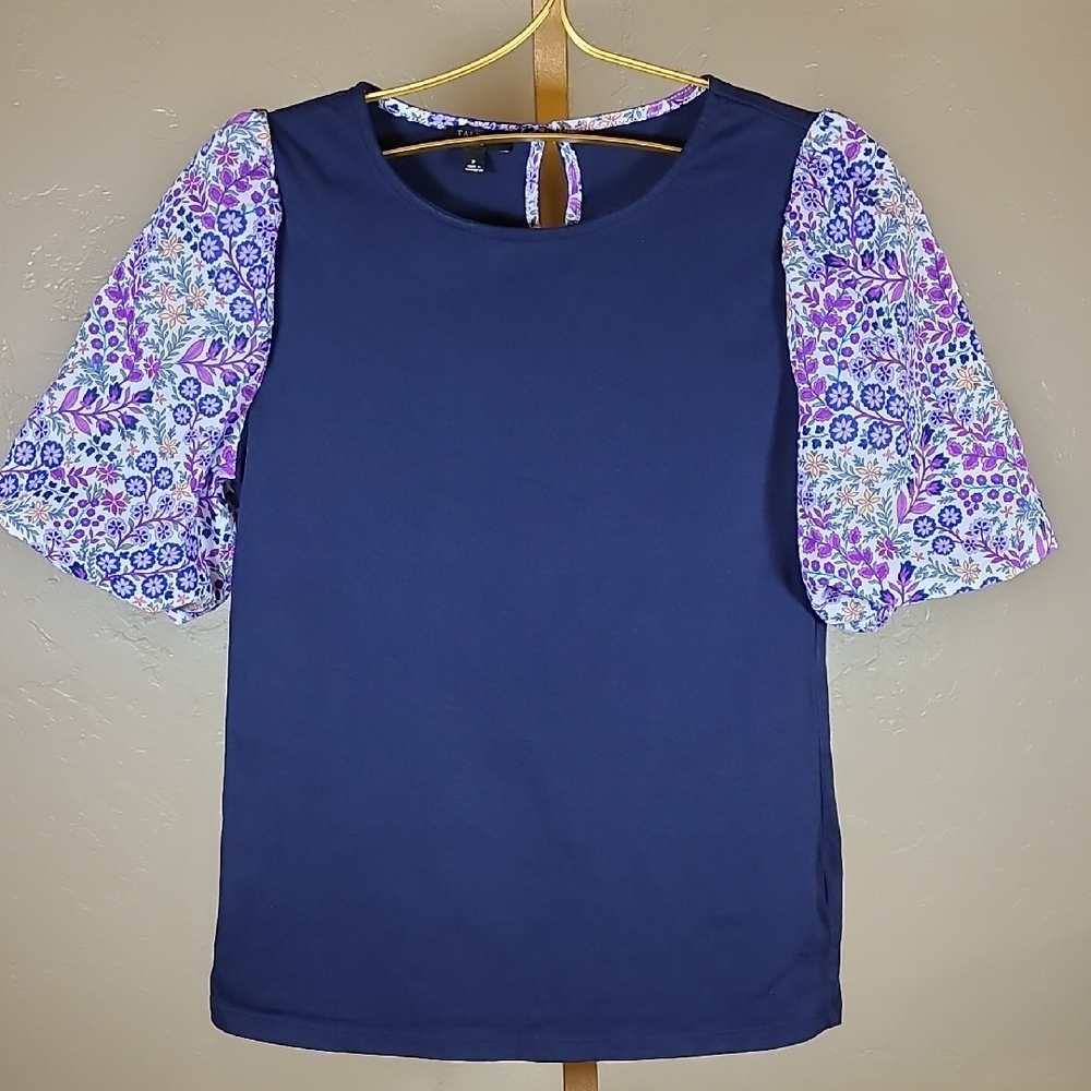 Talbots Navy Blouse with Purple Floral Sleeves